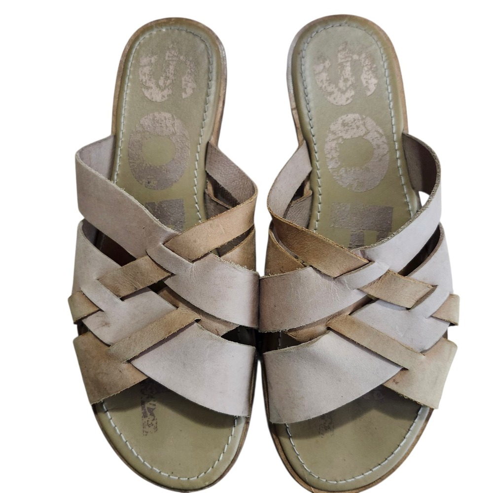 Sorel Ella Slip On Sandals Slides Flat Crisscross Natural Leather Straps Women 9